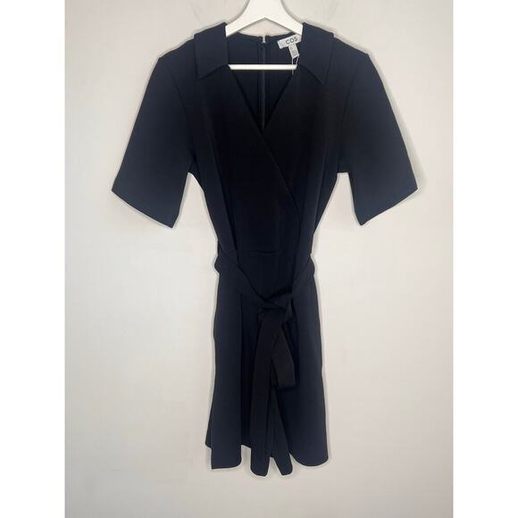COS Short Sleeve V-Neck Belted Wrap-Effect Playsuit Black Women's Size S NWT - Picture 3 of 10